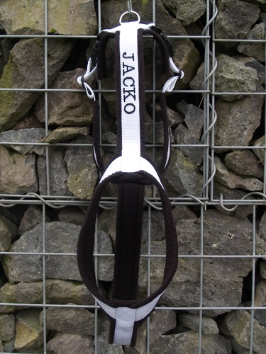 Gurtband: Weiß, Fleece: Schwarz, Acetal-Klickverschlüsse, 1 D-Ring, Namensstick auf dem Rückengurt in Schwarz