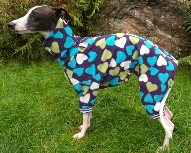 Hündin, Fleece: "Lila mit Herzen", Bündchen: Lila/Weiß, Größe: S, Bestell-Nr: JWR-DL/H-S, Preis: 56,00