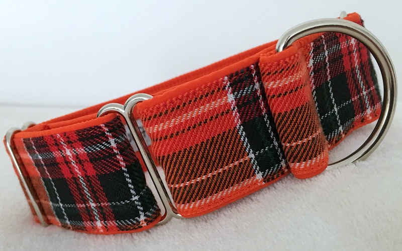 Martingal gepolstert, Modell "Schottenkaro Orange", Breite: 4cm, maximaler Kopfumfang: ca 38cm, Bestell-Nr.: SM-W-31, Preis: 33,00€
