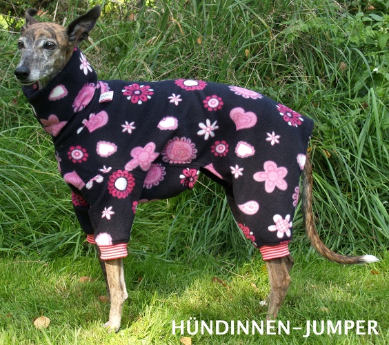 Hündin, Fleece: Flower-Power Schwarz, Bündchen: Rosa/Pink, Bestell-Nr.: JWH-FP/S-XS, Preis: 55,00€