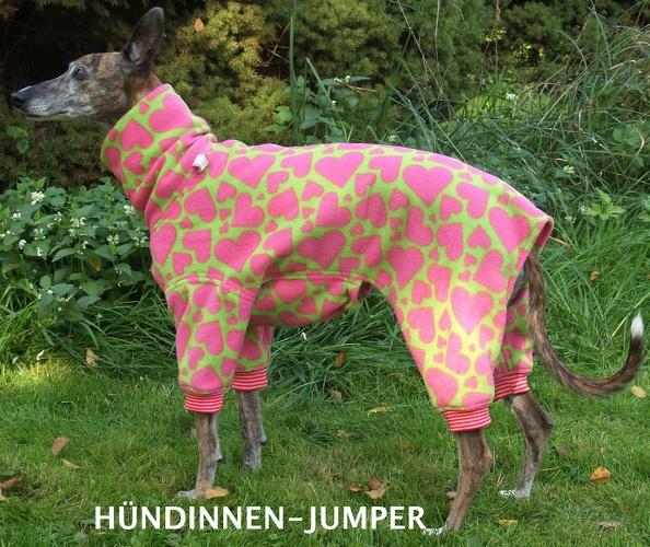Hündin, Fleece: Herzen Hell-Grün/Pink, Bündchen: Rosa/Pink, Bestell-Nr.: JWH-H/GP-XS, Preis: 55,00€