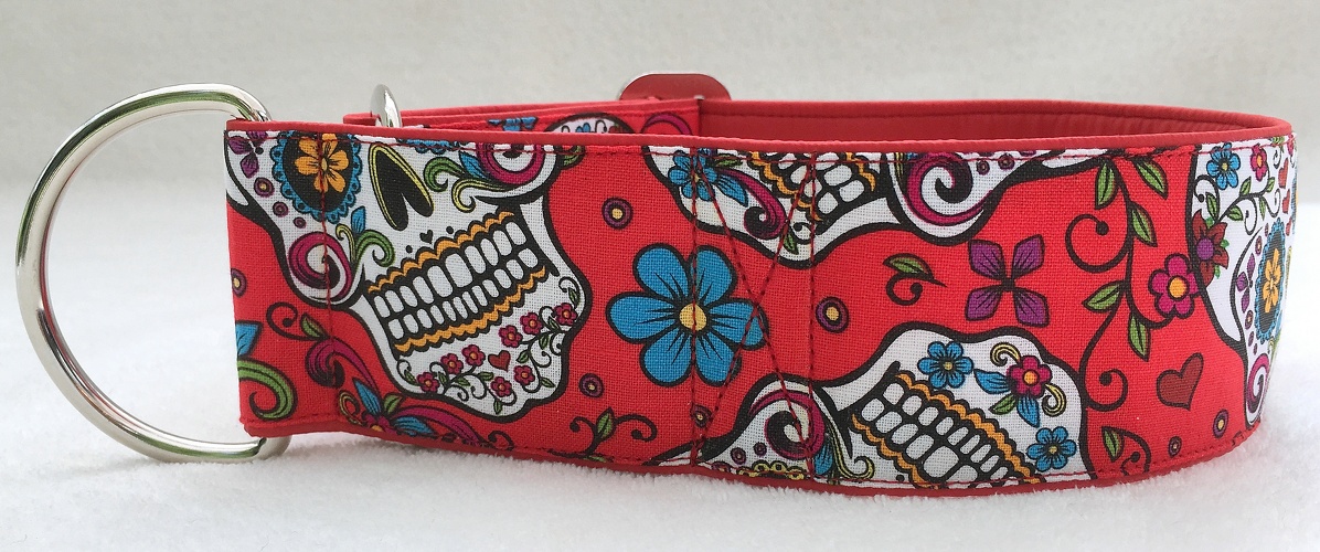 Martingal-Zugstopp gepolstert, Modell "Mexican Skulls Rot", Breite: 5cm, Bestell-Nr.: CMZ-G5-33, Preis: 29,50€