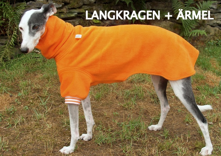 MIT LANGKRAGEN UND ÄRMELN, Fleece: Orange, Bündchen: Orange/Weiß, Bestell-Nr.: PG/Ä+LK-O-S, Preis: 48,50€