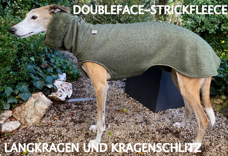 MIT LANGKRAGEN UND KRAGENSCHLITZ, Doubleface-Strickfleece: Olive-Grün Melange, Bestell-Nr.: DSG/LK+S-OGR-S, Preis: 55,75€