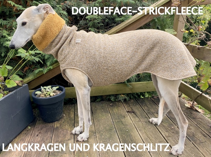 MIT LANGKRAGEN UND KRAGENSCHLITZ, Doubleface-Strickfleece: Senfgelb Melange, Bestell-Nr.: DSG/LK+S-SGE-L, Preis: 55,75€